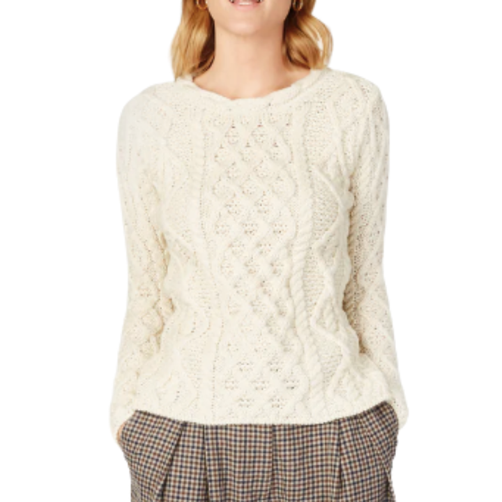 Aran Sweater with Lattice Cable Neck in Natural