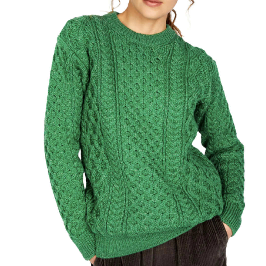 Honeycomb Stitch Blasket Aran Sweater in Green Marl