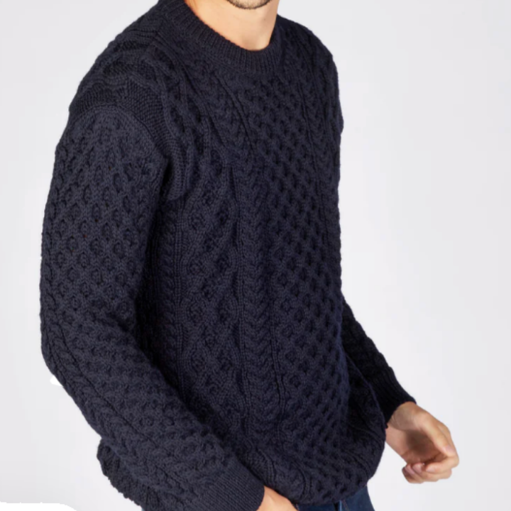 Honeycomb Stitch Blasket Aran Sweater in Navy