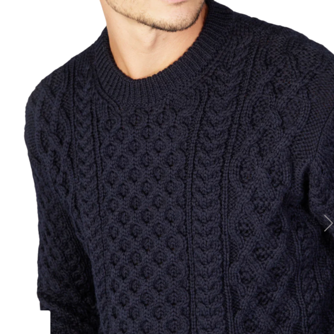 Honeycomb Stitch Blasket Aran Sweater in Navy