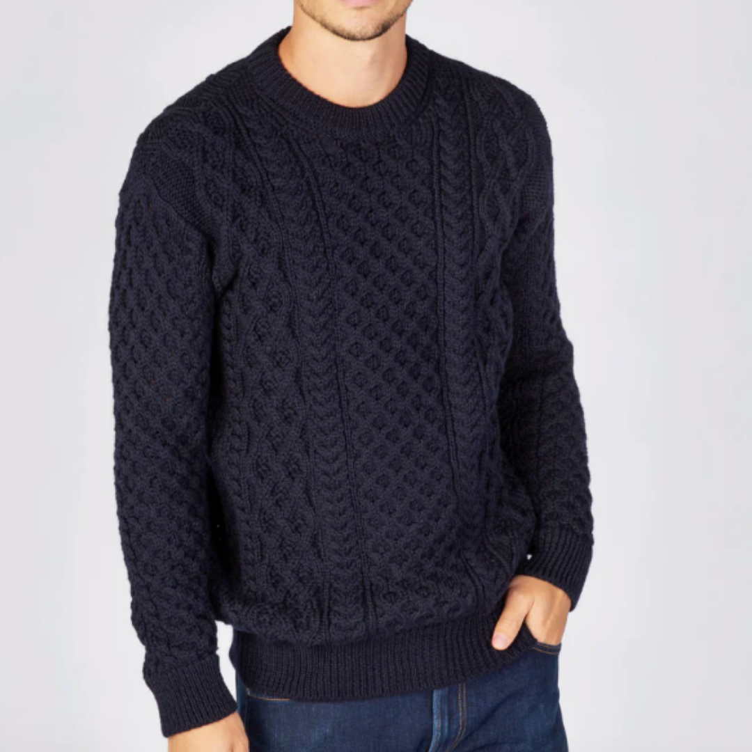 Honeycomb Stitch Blasket Aran Sweater in Navy