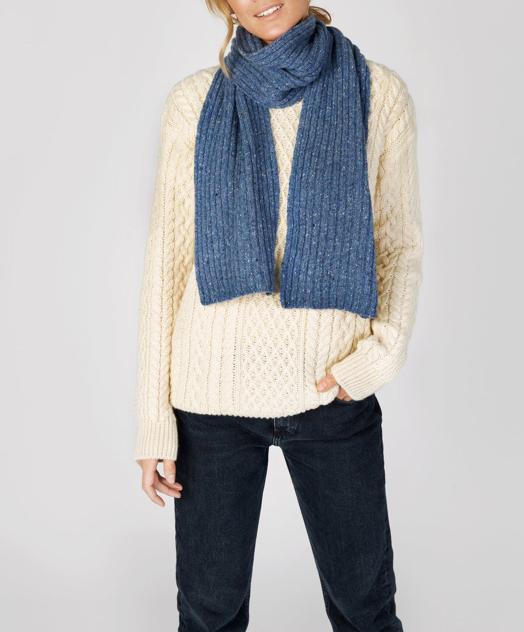 Luxe Cashmere Blend Ribbed Merino Scarf in Blue Ocean