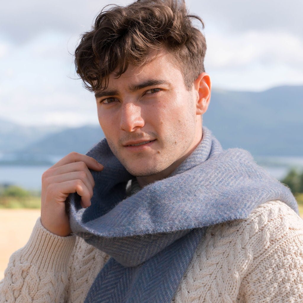 Cashmere and Merino Scarf in Light Blue Grey Herringbone