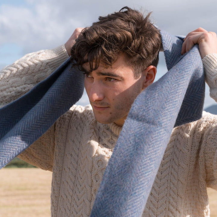 Cashmere and Merino Scarf in Light Blue Grey Herringbone