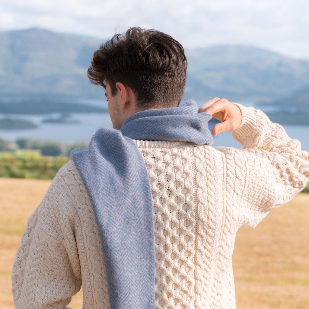 Cashmere and Merino Scarf in Light Blue Grey Herringbone