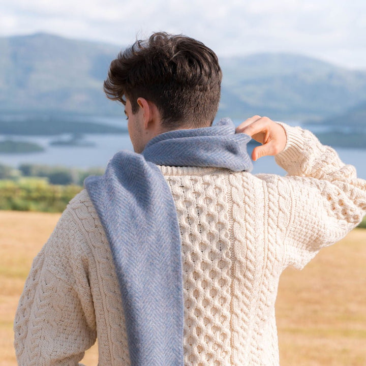 Cashmere and Merino Scarf in Light Blue Grey Herringbone