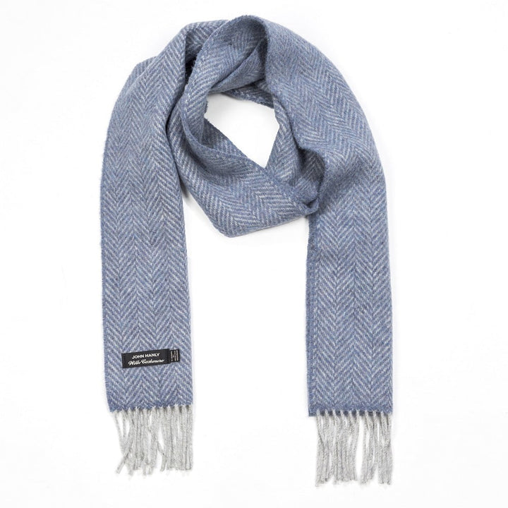 Cashmere and Merino Scarf in Light Blue Grey Herringbone