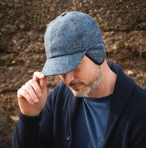 Tweed Baseball Cap with Ear Flaps in Grey & Denim Herringbone