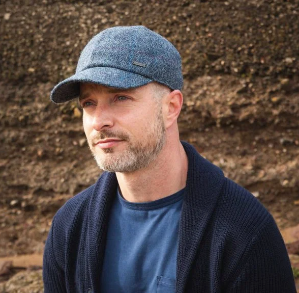 Tweed Baseball Cap with Ear Flaps in Grey & Denim Herringbone