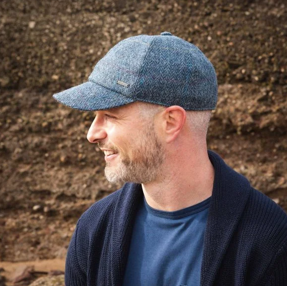 Tweed Baseball Cap with Ear Flaps in Grey & Denim Herringbone