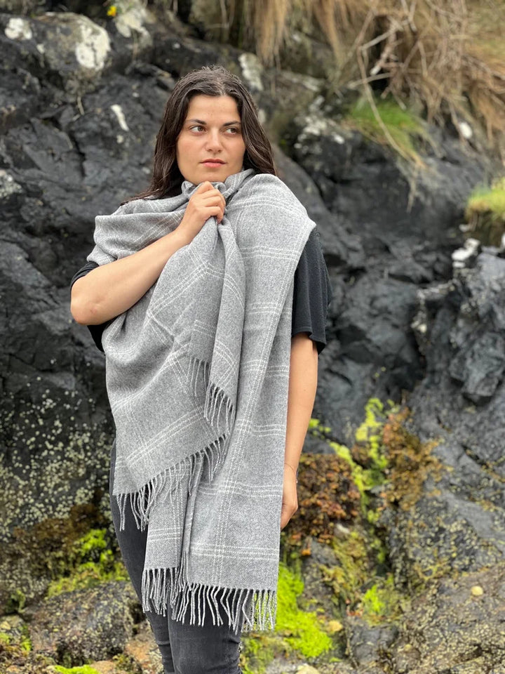 Merino Pashmina Wrap in Grey Windowpane