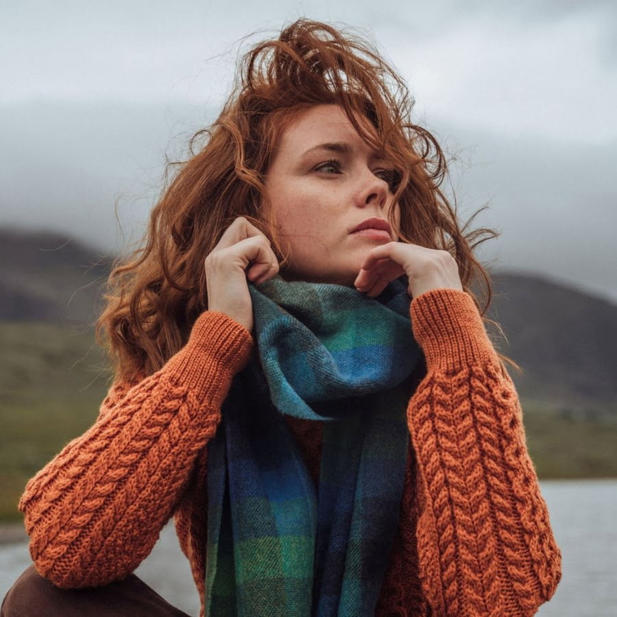 Lambswool Scarf Turquoise Green Blue Block