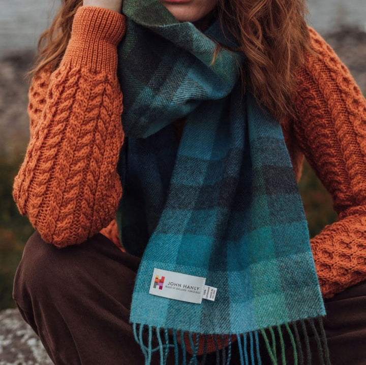 Lambswool Scarf Turquoise Green Blue Block