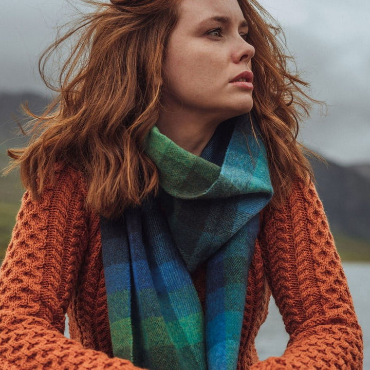 Lambswool Scarf Turquoise Green Blue Block