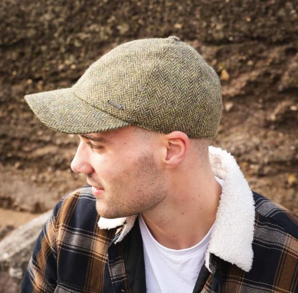 Tweed Baseball Tweed Cap with Ear Flap in Beige & Green Herringbone