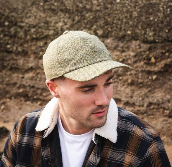 Tweed Baseball Tweed Cap with Ear Flap in Beige & Green Herringbone