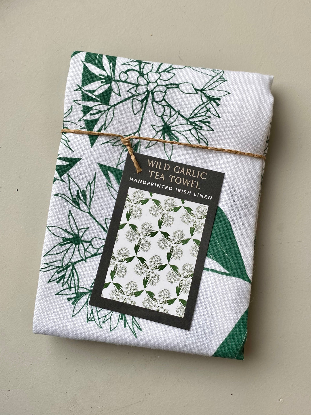 Irish Linen Tea Towel in Wild Garlic Floral Print on White