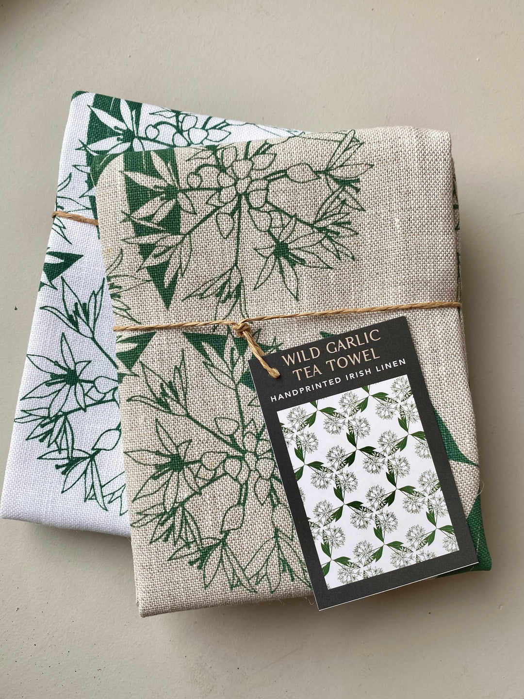 Irish Linen Tea Towel in Wild Garlic Floral Print on Oat