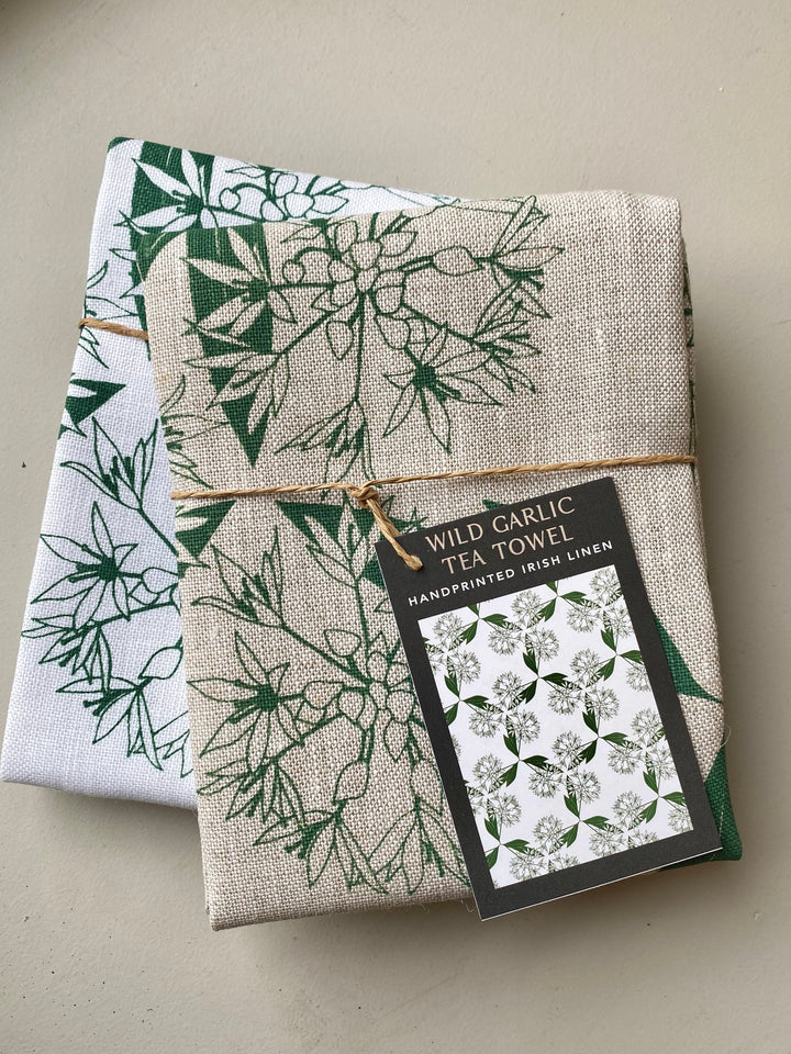 Irish Linen Tea Towel in Wild Garlic Floral Print on Oat