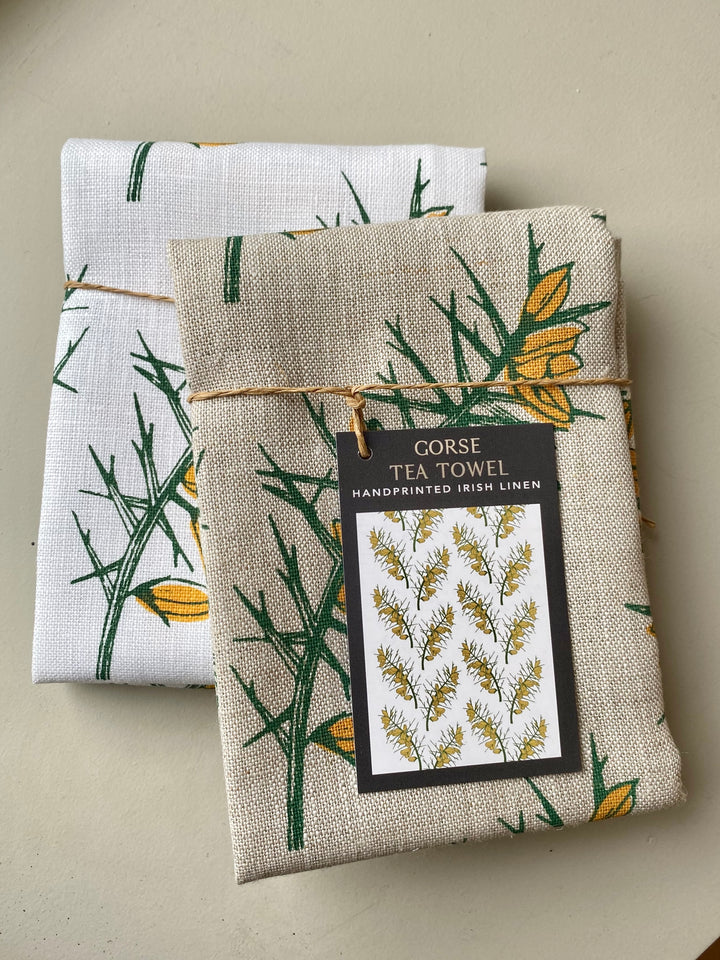 Irish Linen Tea Towel in Gorse Print - White