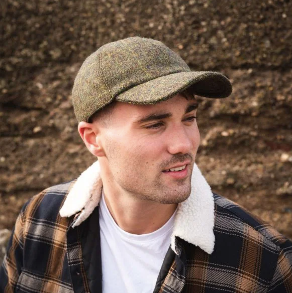 Tweed Baseball Cap with Ear Flaps in Loden & Rust