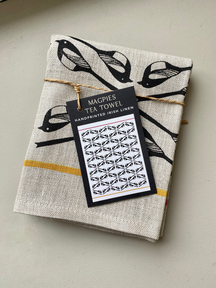 Irish Linen Tea Towel with Magpie Print