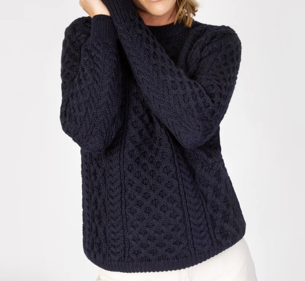Honeycomb Stitch Blasket Aran Sweater in Navy