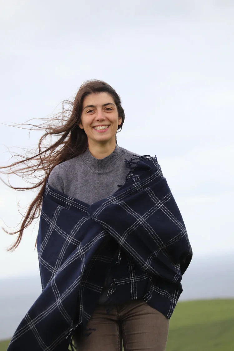 Merino Pashmina in Navy Windowpane