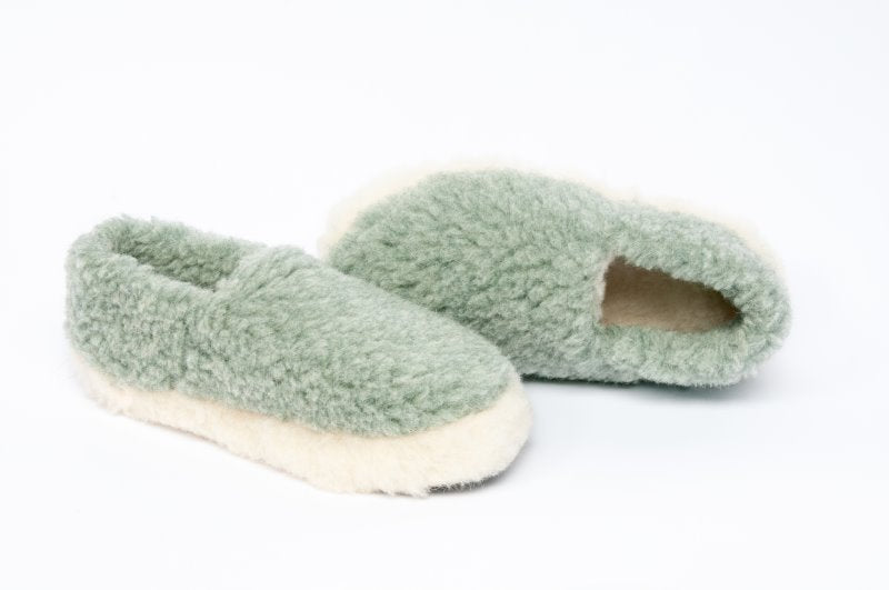 Fleece Wool Slippers In Sage Green