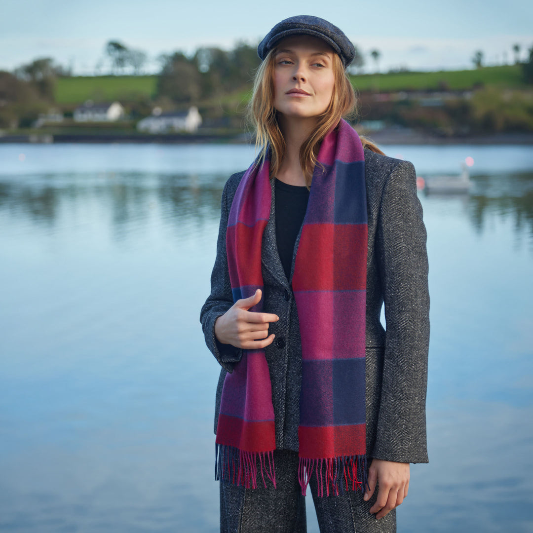 Merino Luxury Scarf in Red Pink & Navy Block Check