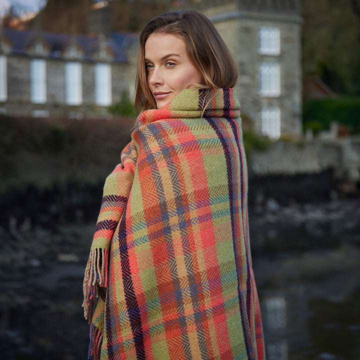 Merino Cashmere Throw in Green, Coral, Plum Check