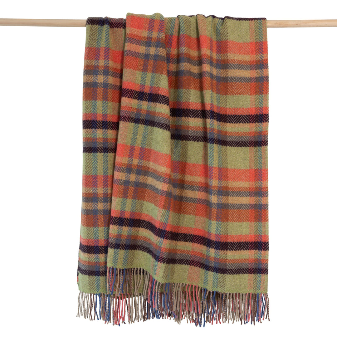 Merino Cashmere Throw in Green, Coral, Plum Check