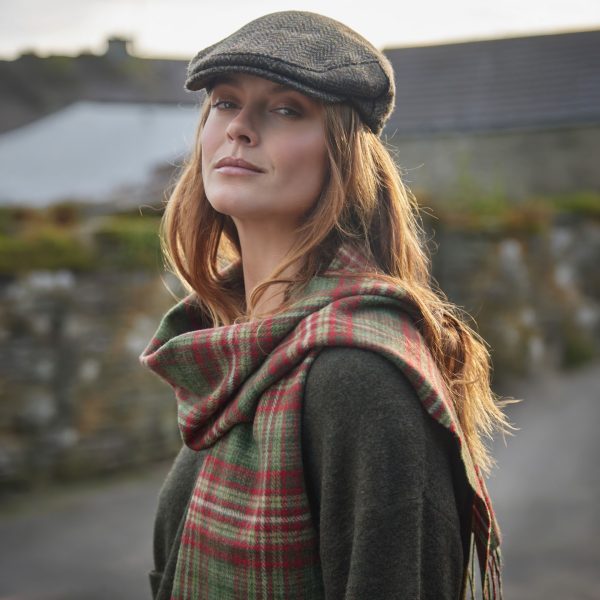 Lambswool Scarf in Mixed Greens and Red Check