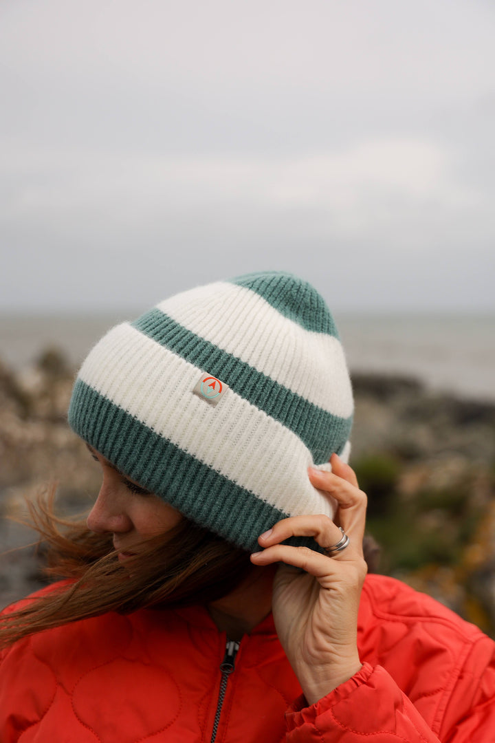 Rue Stripe Beanie Dark in Teal & Cream