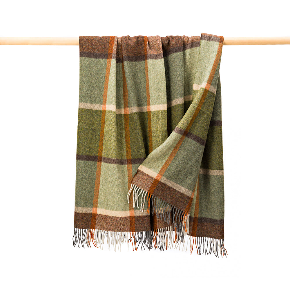 Lambswool Throw in Green Brown Orange Cream Check