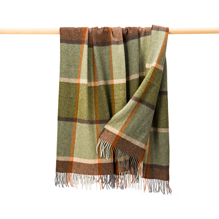 Lambswool Throw in Green Brown Orange Cream Check