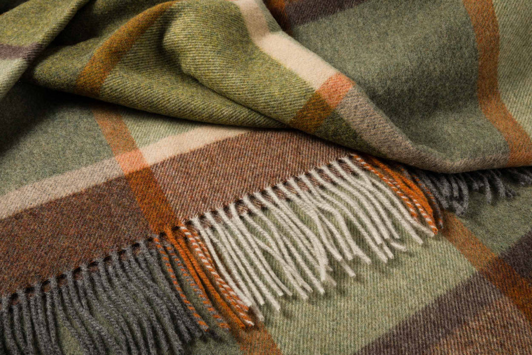 Lambswool Throw in Green Brown Orange Cream Check