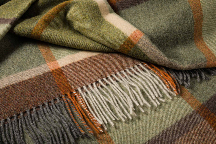 Lambswool Throw in Green Brown Orange Cream Check
