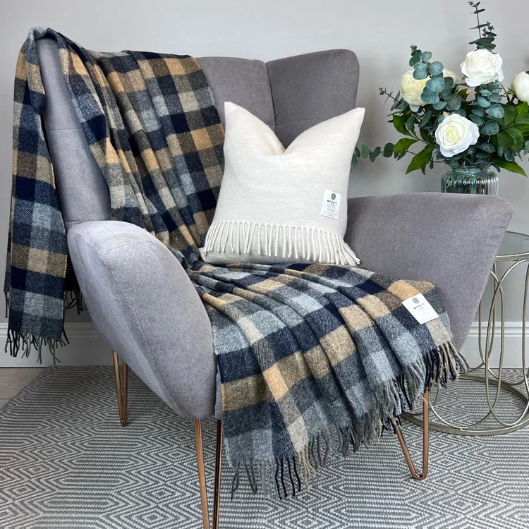 Wool Throw in Mustard and Navy Block Check