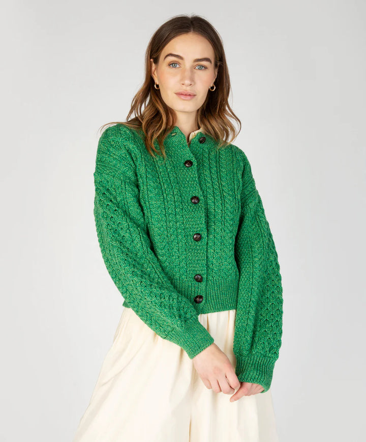 Clover Cropped Aran Cardigan in Moss Green