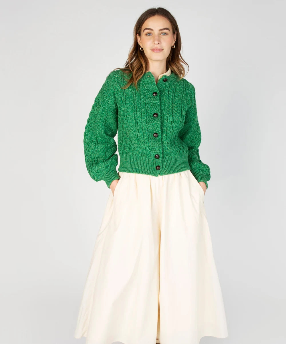 Clover Cropped Aran Cardigan in Moss Green