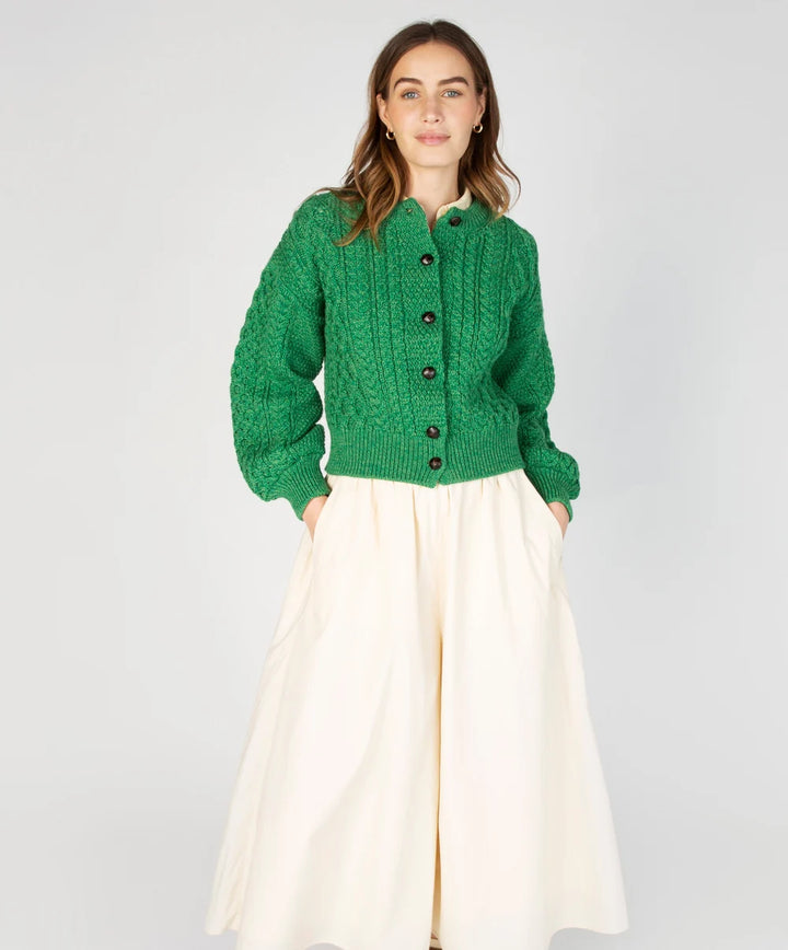 Clover Cropped Aran Cardigan in Moss Green