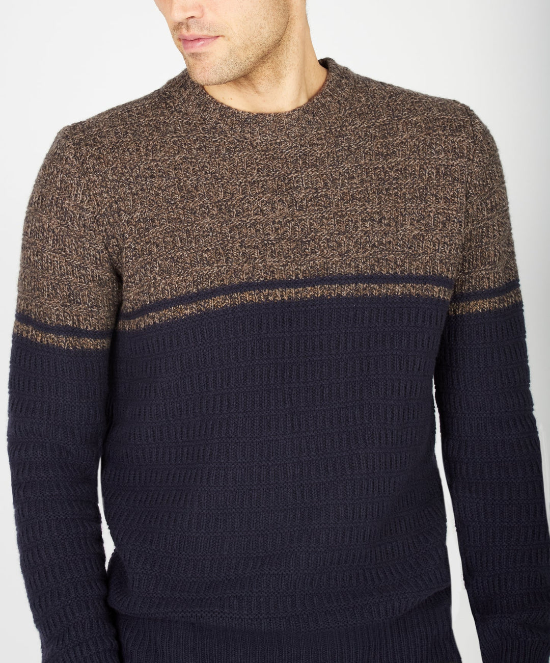 Merino Crew Neck Sweater in Colour Block Blue Shadow