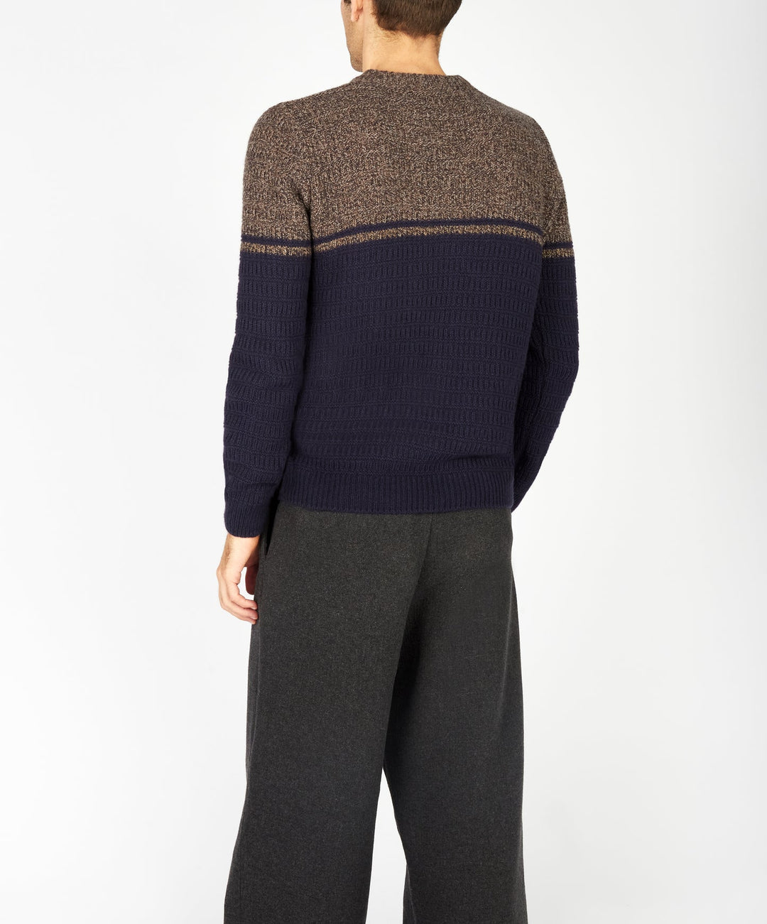 Merino Crew Neck Sweater in Colour Block Blue Shadow