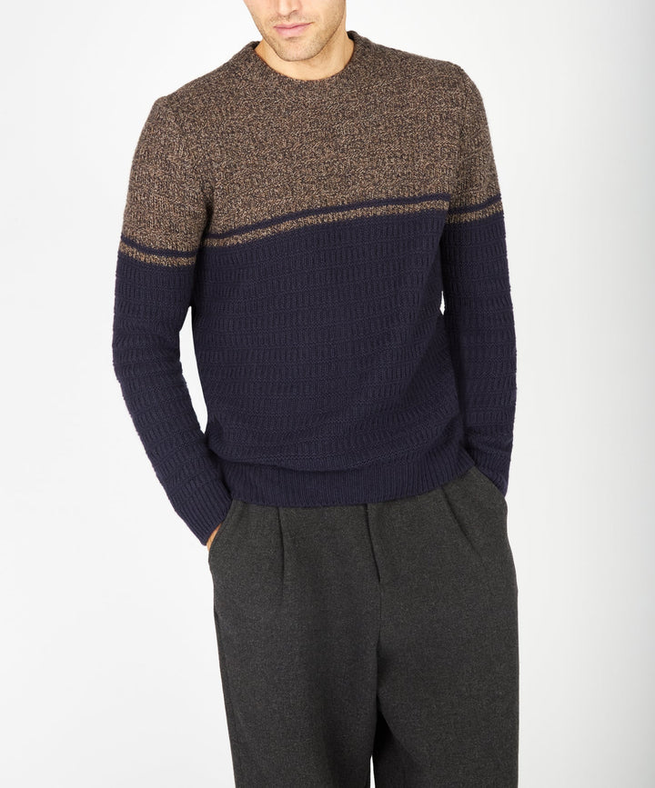 Merino Crew Neck Sweater in Colour Block Blue Shadow