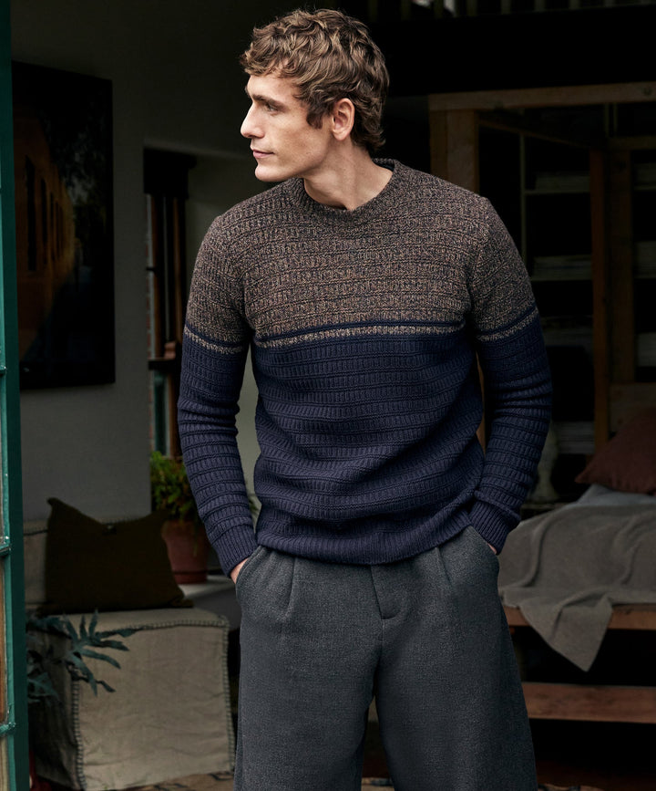 Merino Crew Neck Sweater in Colour Block Blue Shadow