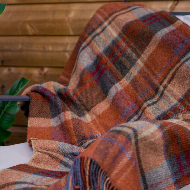 Large Irish Picnic Blanket Brown Orange and Blue Plaid