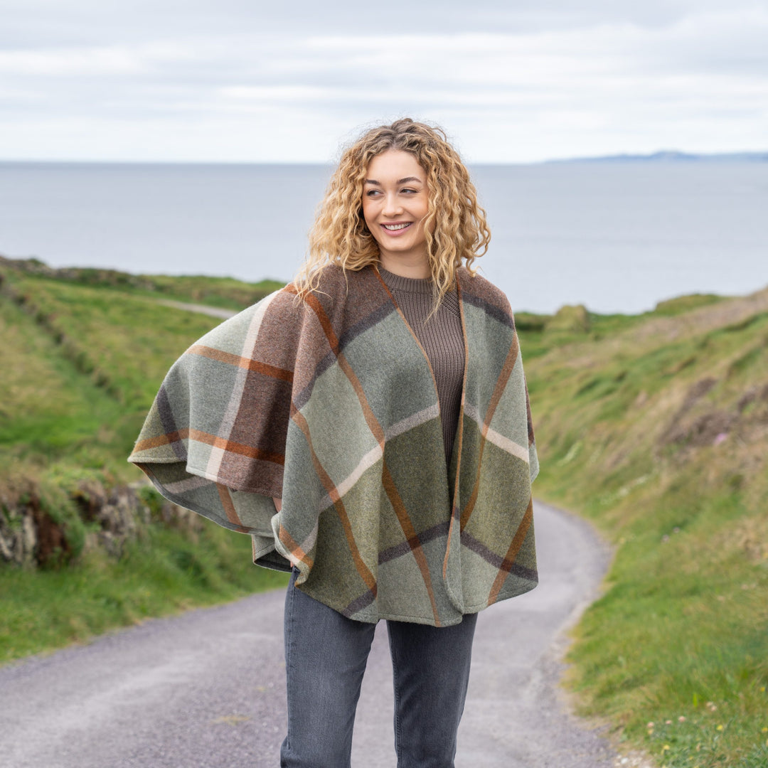 Lambswool Cape in Green Cream Check