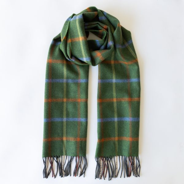 Merino Wool Scarf in  Green, Orange, Blue Check