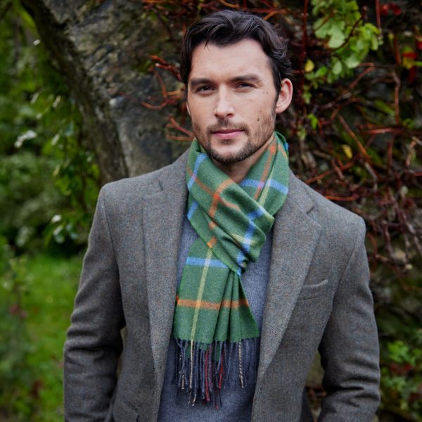 Merino Wool Scarf in  Green, Orange, Blue Check